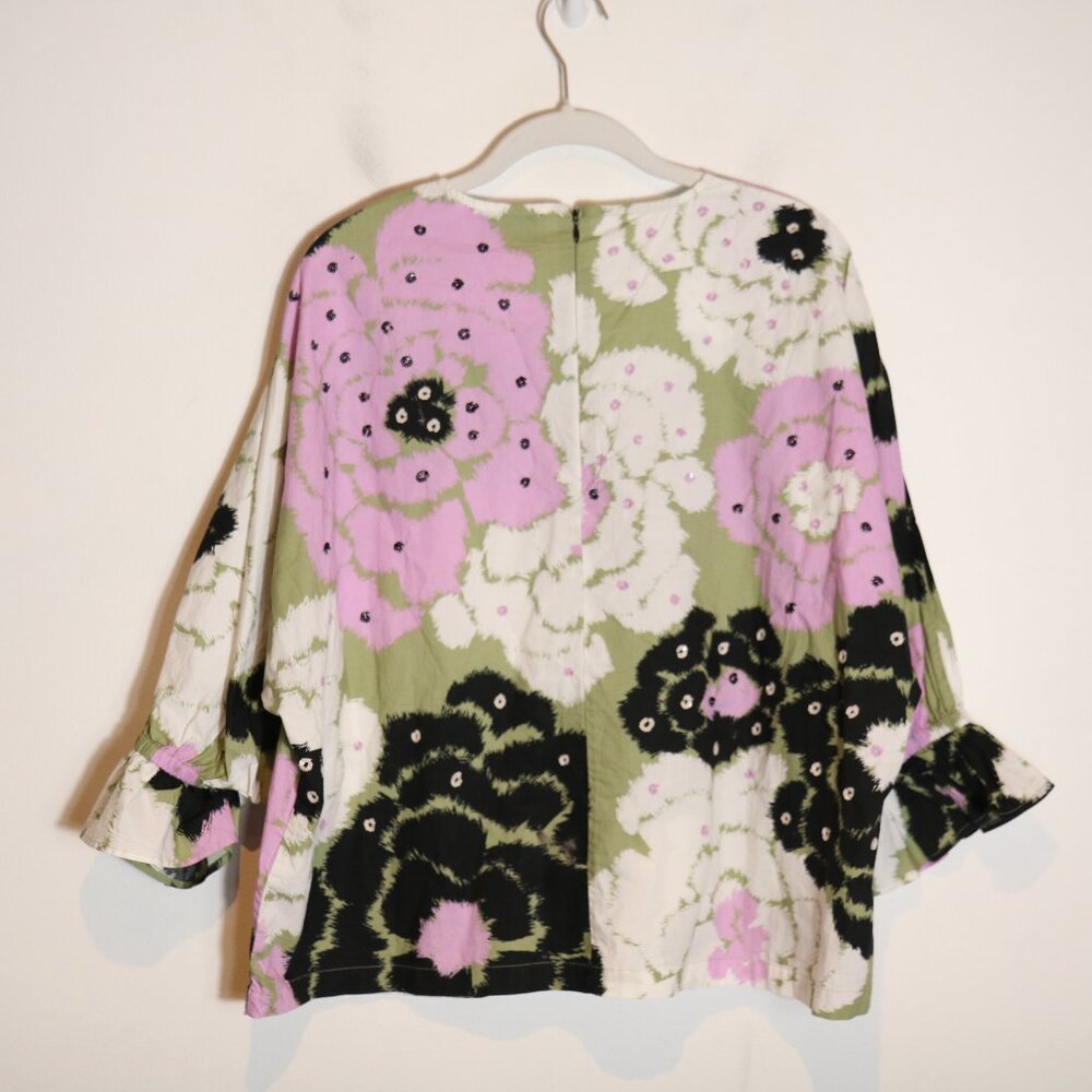 Essentiel Antwerp Fulberry Khaki Lilac Puff Sleeve Floral Blouse XS Preppy Artsy - Picture 10 of 10